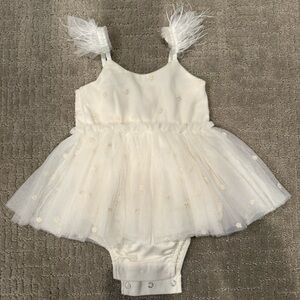 Noralee Elegant White Baby Dress with Feather Details